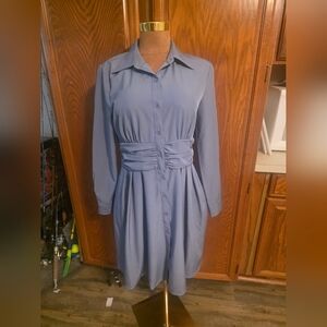 Grace Karin Blue Button Down Long Sleeve Midi Dress Size Medium